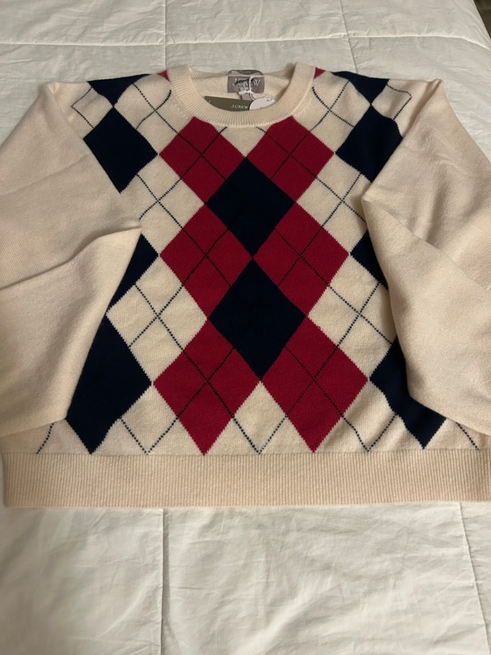 J. Crew Cream Argyle Crewneck Sweater with Red and Navy Diamonds